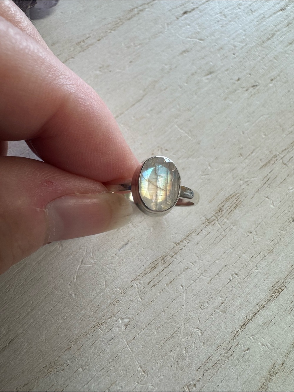 Moonstone Oval Sterling Silver Ring - Iridescent White Faceted - Size 9 - 9.25